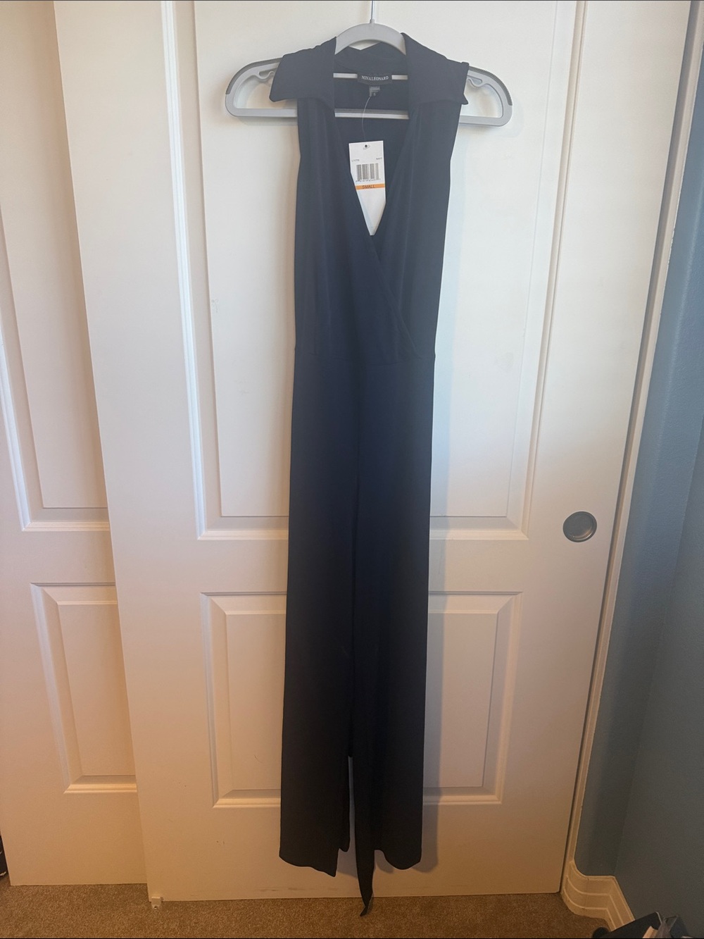 Nina Leonard Navy Sleeveless Wrap-Front Jumpsuit